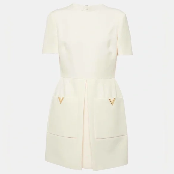 Valentino Garavani Cream Short Sleeve Mini Dress with Gold V Accents - Picture 4 of 8